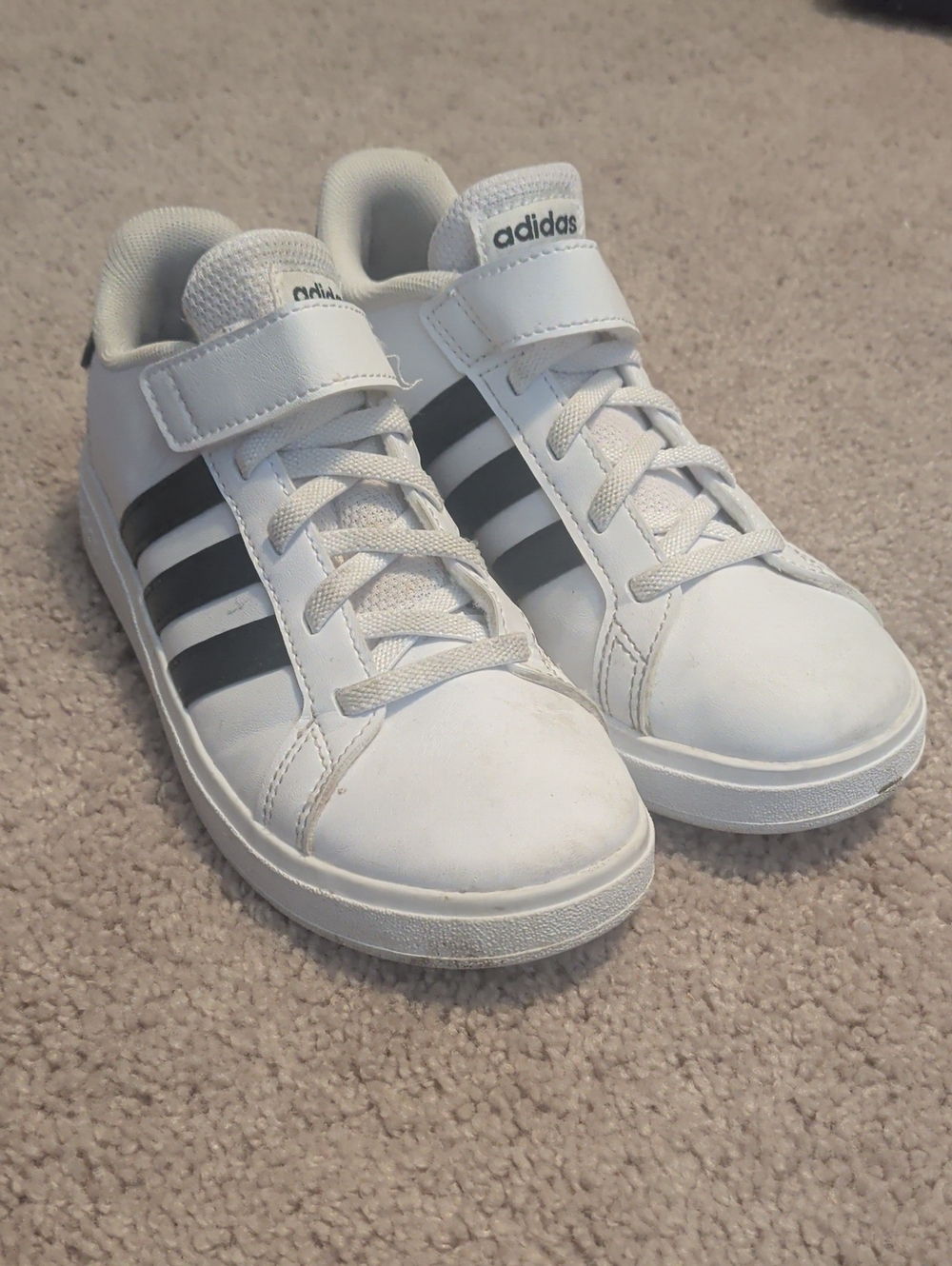 adidas Kids White Sneakers with Black Stripes and Velcro